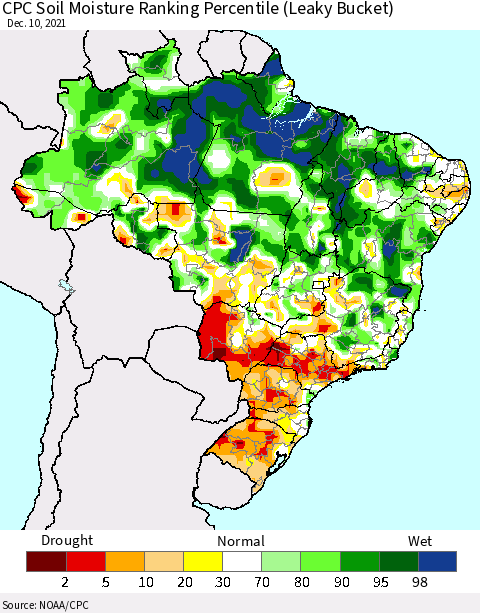 Brazil CPC Soil Moisture Ranking Percentile (Leaky Bucket) Thematic Map For 12/6/2021 - 12/10/2021