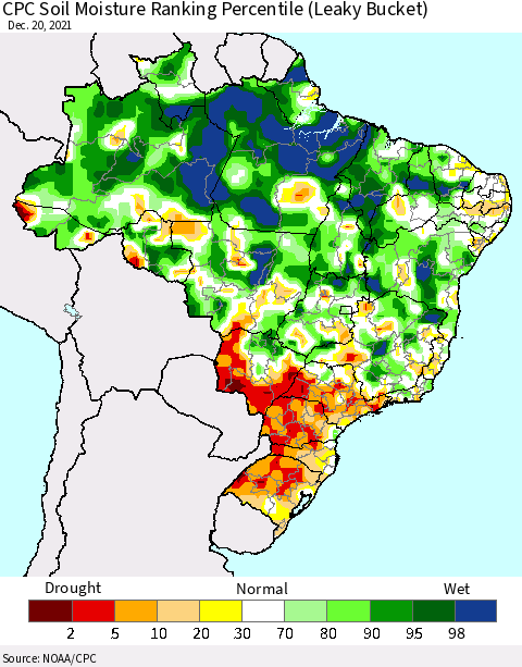 Brazil CPC Soil Moisture Ranking Percentile (Leaky Bucket) Thematic Map For 12/16/2021 - 12/20/2021