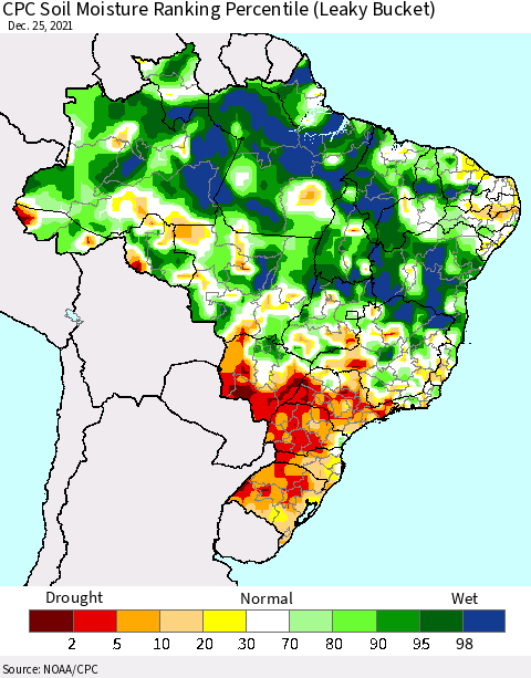 Brazil CPC Soil Moisture Ranking Percentile (Leaky Bucket) Thematic Map For 12/21/2021 - 12/25/2021