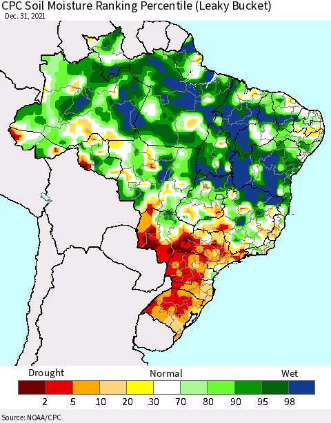 Brazil CPC Soil Moisture Ranking Percentile (Leaky Bucket) Thematic Map For 12/26/2021 - 12/31/2021