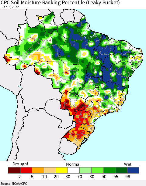 Brazil CPC Soil Moisture Ranking Percentile (Leaky Bucket) Thematic Map For 1/1/2022 - 1/5/2022