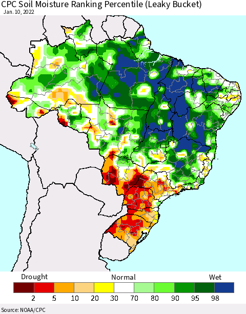 Brazil CPC Soil Moisture Ranking Percentile (Leaky Bucket) Thematic Map For 1/6/2022 - 1/10/2022