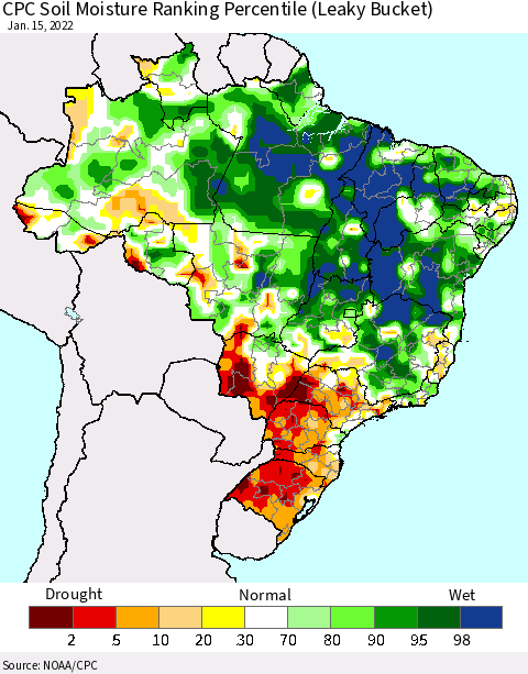 Brazil CPC Soil Moisture Ranking Percentile (Leaky Bucket) Thematic Map For 1/11/2022 - 1/15/2022