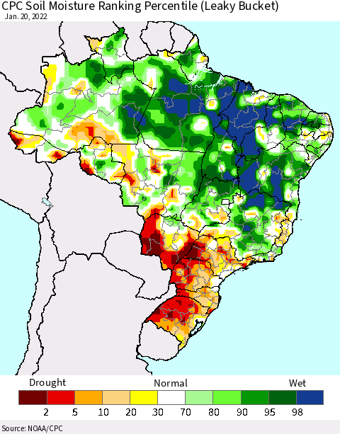 Brazil CPC Soil Moisture Ranking Percentile (Leaky Bucket) Thematic Map For 1/16/2022 - 1/20/2022