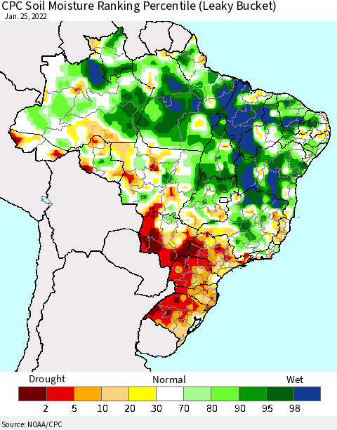 Brazil CPC Soil Moisture Ranking Percentile (Leaky Bucket) Thematic Map For 1/21/2022 - 1/25/2022