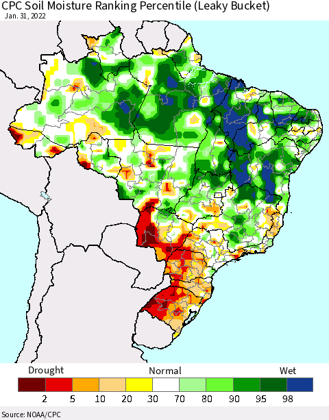 Brazil CPC Soil Moisture Ranking Percentile (Leaky Bucket) Thematic Map For 1/26/2022 - 1/31/2022