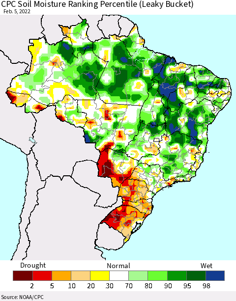 Brazil CPC Soil Moisture Ranking Percentile (Leaky Bucket) Thematic Map For 2/1/2022 - 2/5/2022