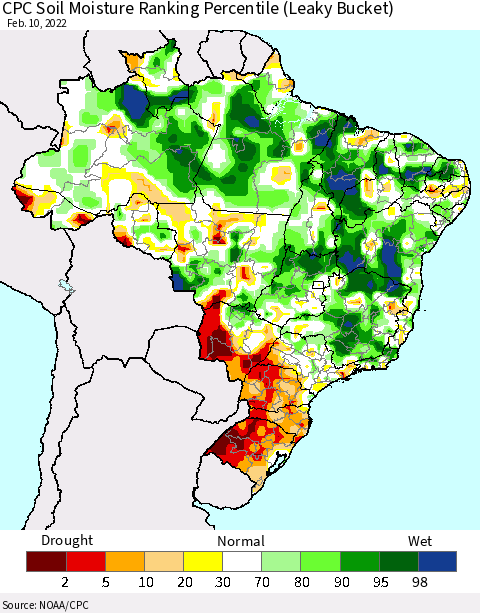 Brazil CPC Soil Moisture Ranking Percentile (Leaky Bucket) Thematic Map For 2/6/2022 - 2/10/2022