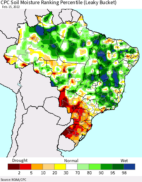 Brazil CPC Soil Moisture Ranking Percentile (Leaky Bucket) Thematic Map For 2/11/2022 - 2/15/2022