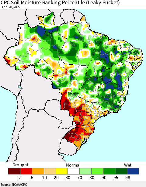 Brazil CPC Soil Moisture Ranking Percentile (Leaky Bucket) Thematic Map For 2/16/2022 - 2/20/2022