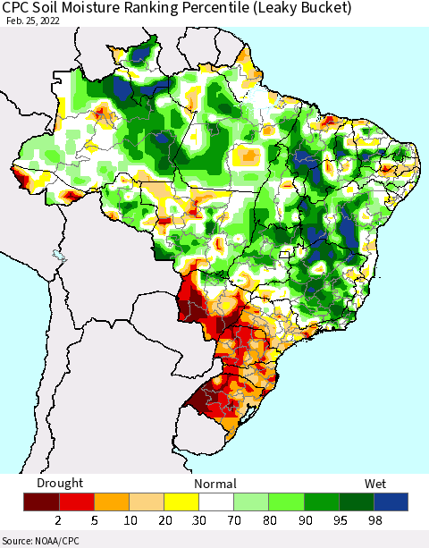 Brazil CPC Soil Moisture Ranking Percentile (Leaky Bucket) Thematic Map For 2/21/2022 - 2/25/2022