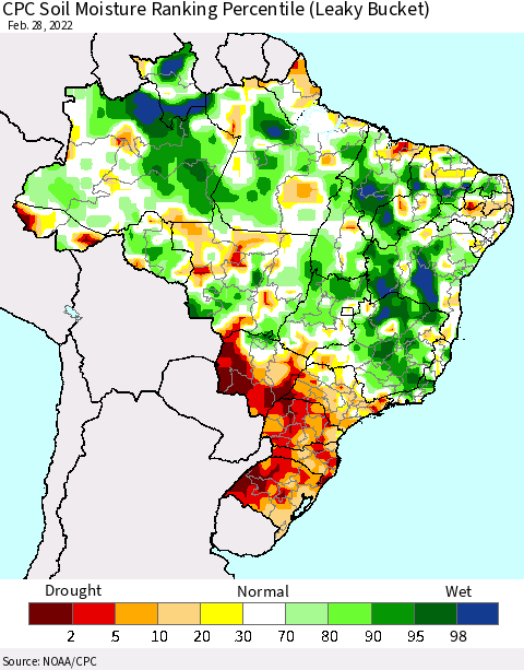 Brazil CPC Soil Moisture Ranking Percentile (Leaky Bucket) Thematic Map For 2/26/2022 - 2/28/2022