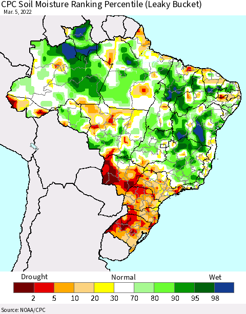 Brazil CPC Soil Moisture Ranking Percentile (Leaky Bucket) Thematic Map For 3/1/2022 - 3/5/2022