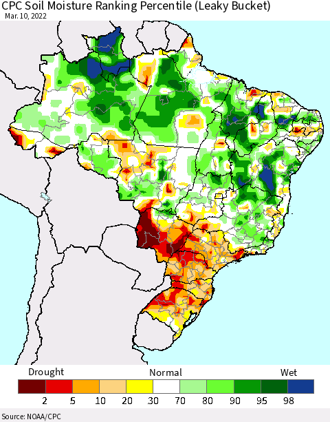 Brazil CPC Soil Moisture Ranking Percentile (Leaky Bucket) Thematic Map For 3/6/2022 - 3/10/2022