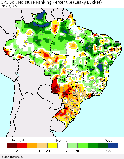Brazil CPC Soil Moisture Ranking Percentile (Leaky Bucket) Thematic Map For 3/11/2022 - 3/15/2022