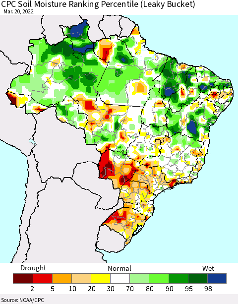 Brazil CPC Soil Moisture Ranking Percentile (Leaky Bucket) Thematic Map For 3/16/2022 - 3/20/2022