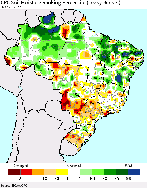 Brazil CPC Soil Moisture Ranking Percentile (Leaky Bucket) Thematic Map For 3/21/2022 - 3/25/2022