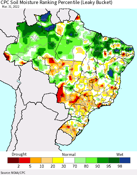 Brazil CPC Soil Moisture Ranking Percentile (Leaky Bucket) Thematic Map For 3/26/2022 - 3/31/2022