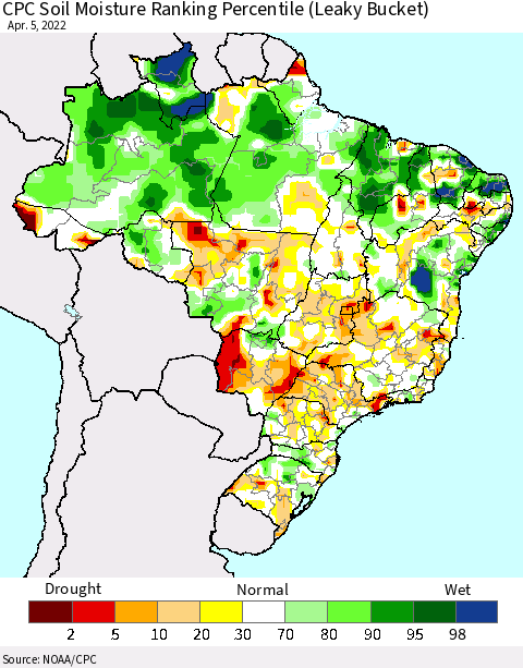 Brazil CPC Soil Moisture Ranking Percentile (Leaky Bucket) Thematic Map For 4/1/2022 - 4/5/2022
