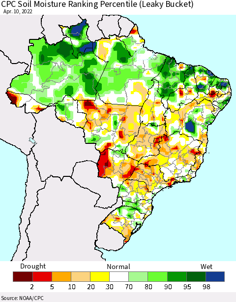 Brazil CPC Soil Moisture Ranking Percentile (Leaky Bucket) Thematic Map For 4/6/2022 - 4/10/2022