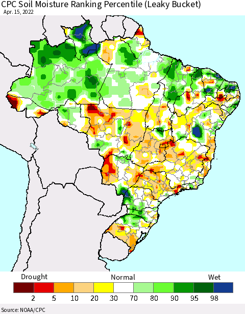 Brazil CPC Soil Moisture Ranking Percentile (Leaky Bucket) Thematic Map For 4/11/2022 - 4/15/2022