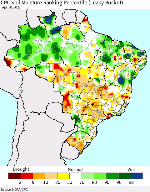 Brazil CPC Soil Moisture Ranking Percentile (Leaky Bucket) Thematic Map For 4/16/2022 - 4/20/2022