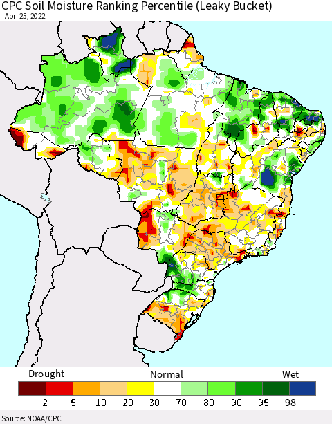 Brazil CPC Soil Moisture Ranking Percentile (Leaky Bucket) Thematic Map For 4/21/2022 - 4/25/2022