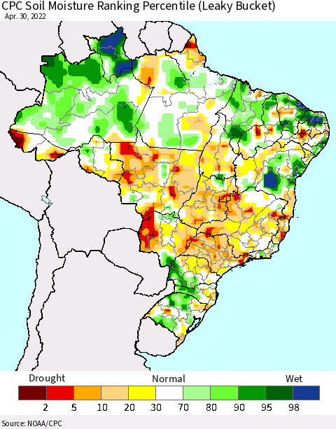 Brazil CPC Soil Moisture Ranking Percentile (Leaky Bucket) Thematic Map For 4/26/2022 - 4/30/2022