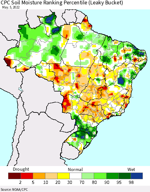Brazil CPC Soil Moisture Ranking Percentile (Leaky Bucket) Thematic Map For 5/1/2022 - 5/5/2022