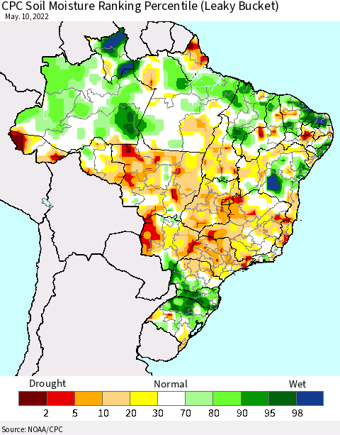 Brazil CPC Soil Moisture Ranking Percentile (Leaky Bucket) Thematic Map For 5/6/2022 - 5/10/2022