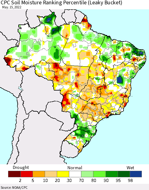 Brazil CPC Soil Moisture Ranking Percentile (Leaky Bucket) Thematic Map For 5/11/2022 - 5/15/2022