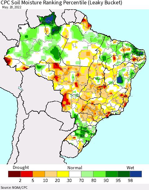Brazil CPC Soil Moisture Ranking Percentile (Leaky Bucket) Thematic Map For 5/16/2022 - 5/20/2022