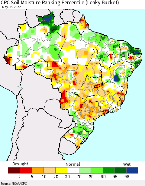 Brazil CPC Soil Moisture Ranking Percentile (Leaky Bucket) Thematic Map For 5/21/2022 - 5/25/2022