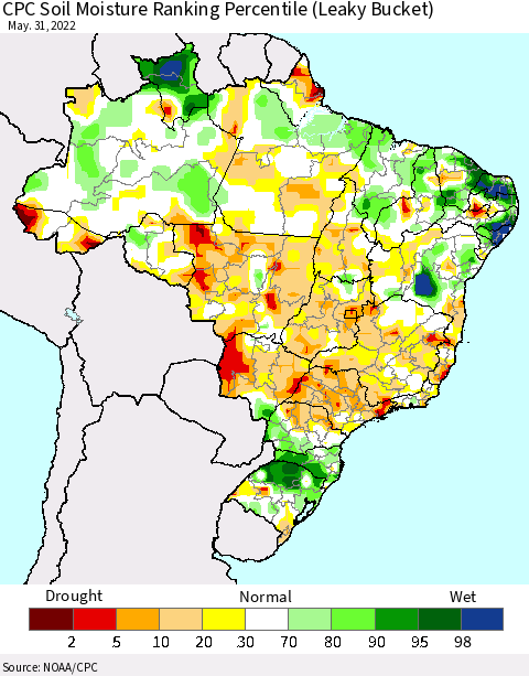 Brazil CPC Soil Moisture Ranking Percentile (Leaky Bucket) Thematic Map For 5/26/2022 - 5/31/2022
