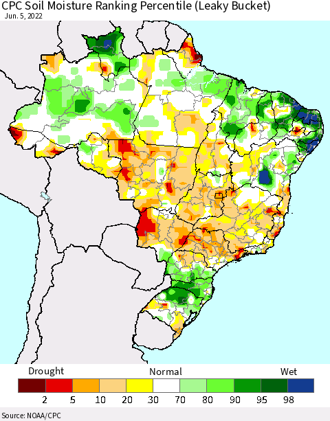 Brazil CPC Soil Moisture Ranking Percentile (Leaky Bucket) Thematic Map For 6/1/2022 - 6/5/2022