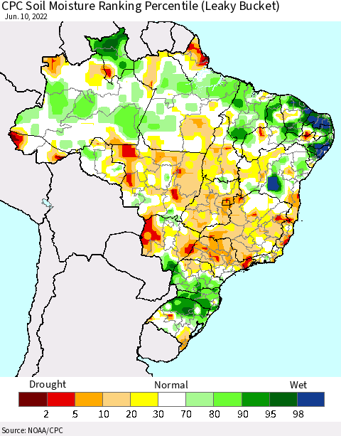 Brazil CPC Soil Moisture Ranking Percentile (Leaky Bucket) Thematic Map For 6/6/2022 - 6/10/2022