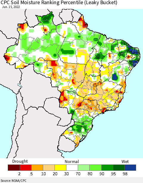 Brazil CPC Soil Moisture Ranking Percentile (Leaky Bucket) Thematic Map For 6/11/2022 - 6/15/2022