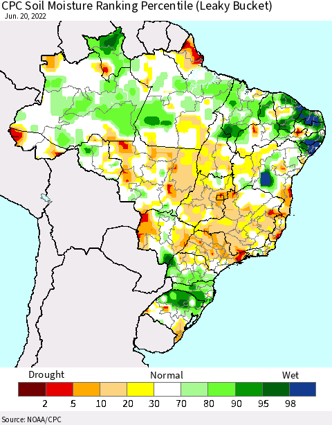 Brazil CPC Soil Moisture Ranking Percentile (Leaky Bucket) Thematic Map For 6/16/2022 - 6/20/2022