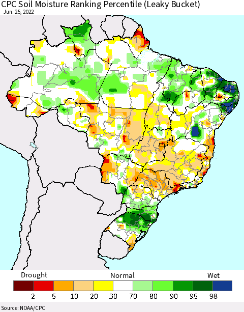 Brazil CPC Soil Moisture Ranking Percentile (Leaky Bucket) Thematic Map For 6/21/2022 - 6/25/2022