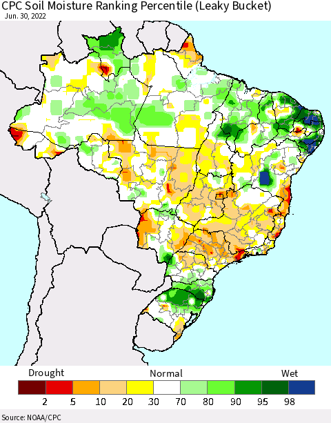 Brazil CPC Soil Moisture Ranking Percentile (Leaky Bucket) Thematic Map For 6/26/2022 - 6/30/2022
