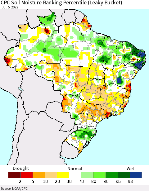 Brazil CPC Soil Moisture Ranking Percentile (Leaky Bucket) Thematic Map For 7/1/2022 - 7/5/2022