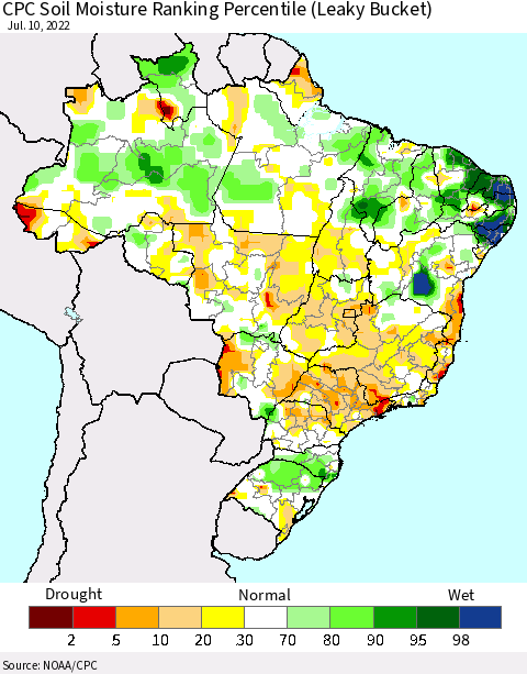 Brazil CPC Soil Moisture Ranking Percentile (Leaky Bucket) Thematic Map For 7/6/2022 - 7/10/2022