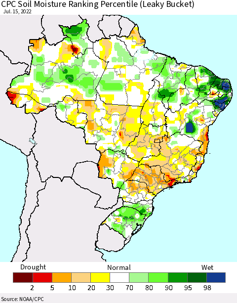 Brazil CPC Soil Moisture Ranking Percentile (Leaky Bucket) Thematic Map For 7/11/2022 - 7/15/2022
