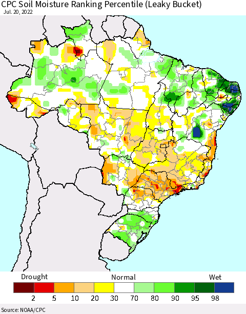Brazil CPC Soil Moisture Ranking Percentile (Leaky Bucket) Thematic Map For 7/16/2022 - 7/20/2022