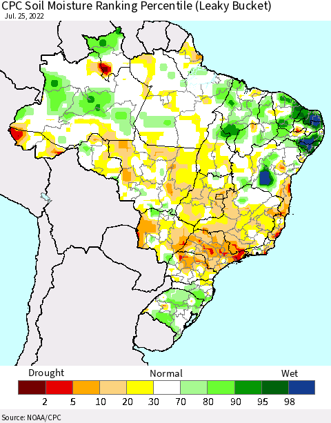 Brazil CPC Soil Moisture Ranking Percentile (Leaky Bucket) Thematic Map For 7/21/2022 - 7/25/2022