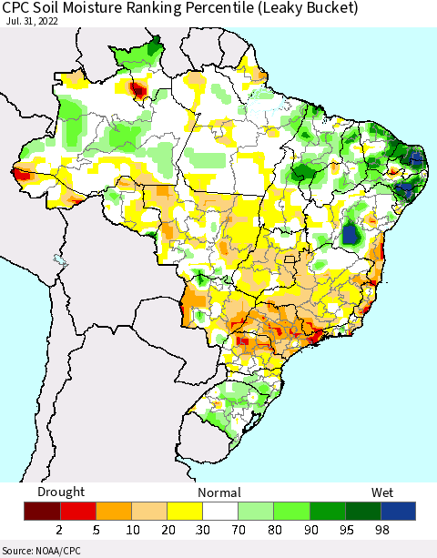 Brazil CPC Soil Moisture Ranking Percentile (Leaky Bucket) Thematic Map For 7/26/2022 - 7/31/2022