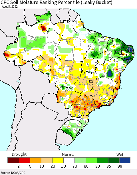 Brazil CPC Soil Moisture Ranking Percentile (Leaky Bucket) Thematic Map For 8/1/2022 - 8/5/2022
