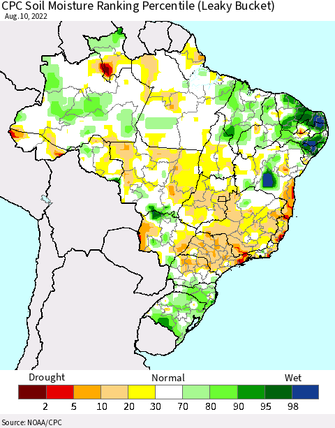 Brazil CPC Soil Moisture Ranking Percentile (Leaky Bucket) Thematic Map For 8/6/2022 - 8/10/2022