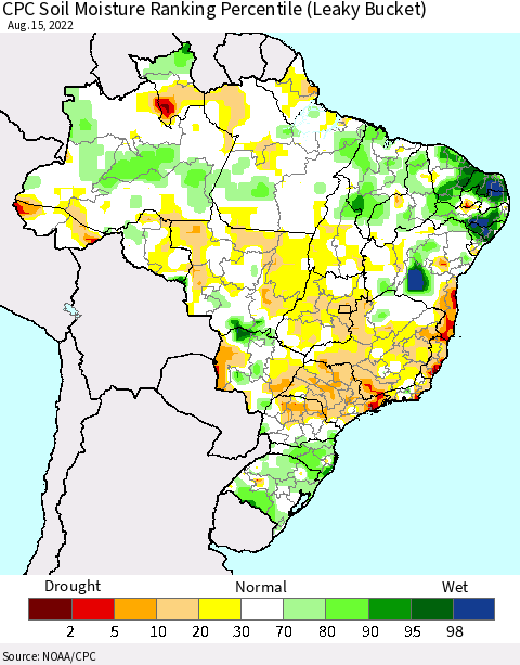 Brazil CPC Soil Moisture Ranking Percentile (Leaky Bucket) Thematic Map For 8/11/2022 - 8/15/2022