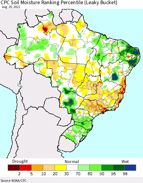 Brazil CPC Soil Moisture Ranking Percentile (Leaky Bucket) Thematic Map For 8/16/2022 - 8/20/2022